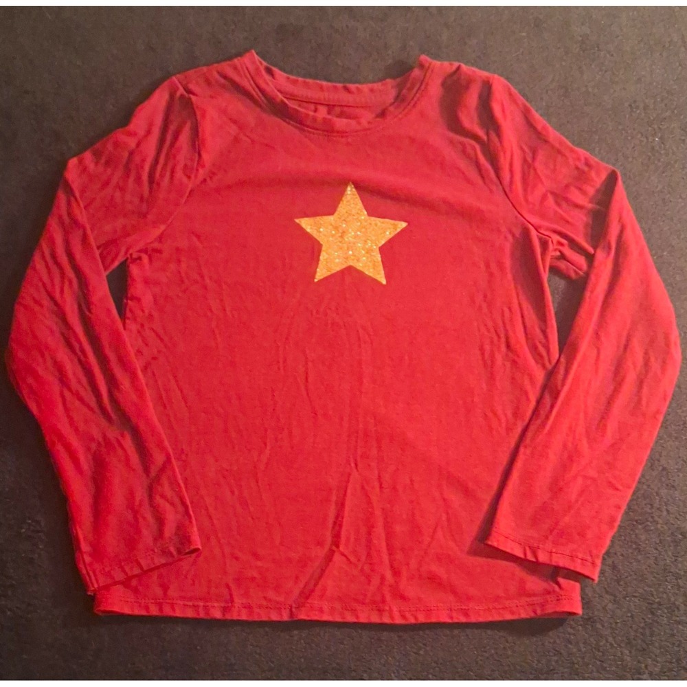 Cat & Jack Girls Red Long Sleeve Crew Neck T-Shirt Gold Glitter Star Size S 6/7